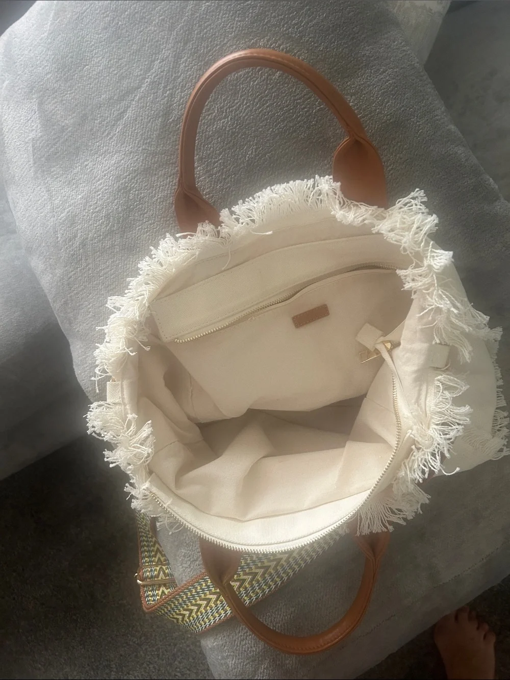 Cream Canvas Tote with Tan Handles and Removable Patterned Strap
